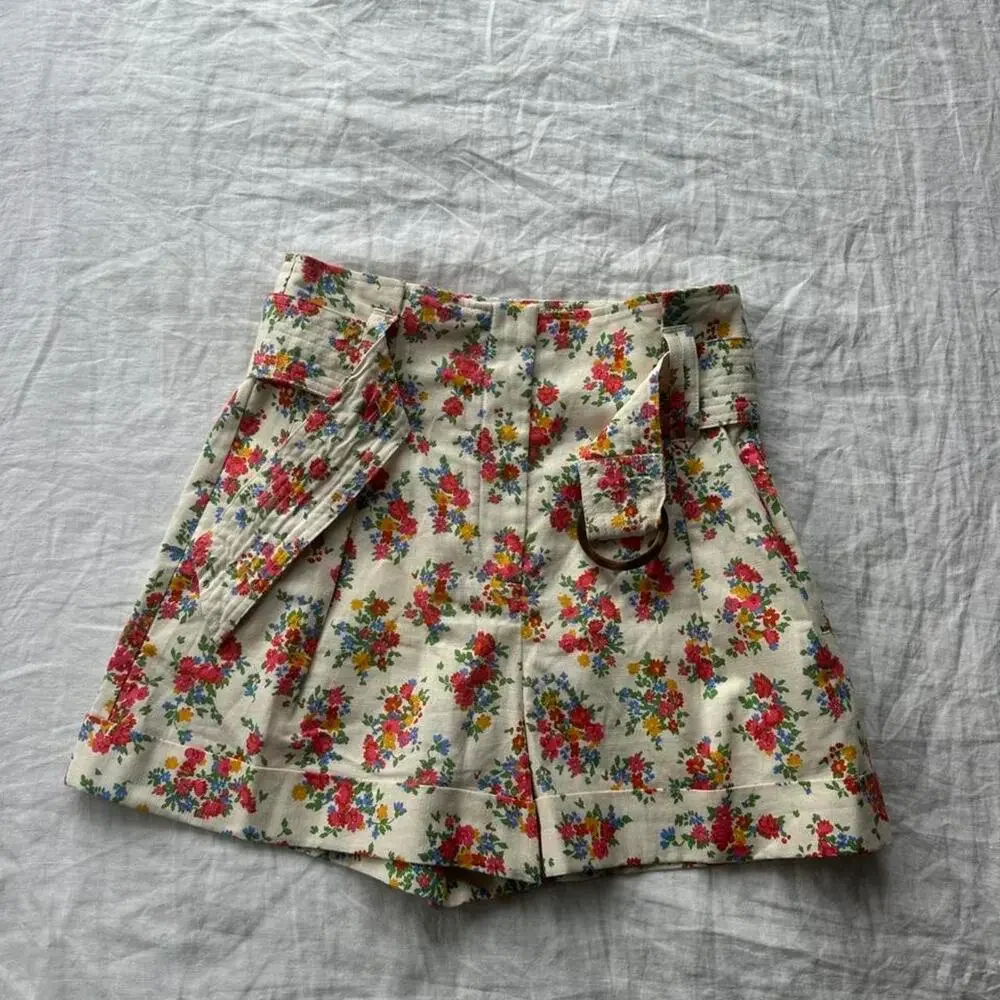 Sezane white floral linen shorts